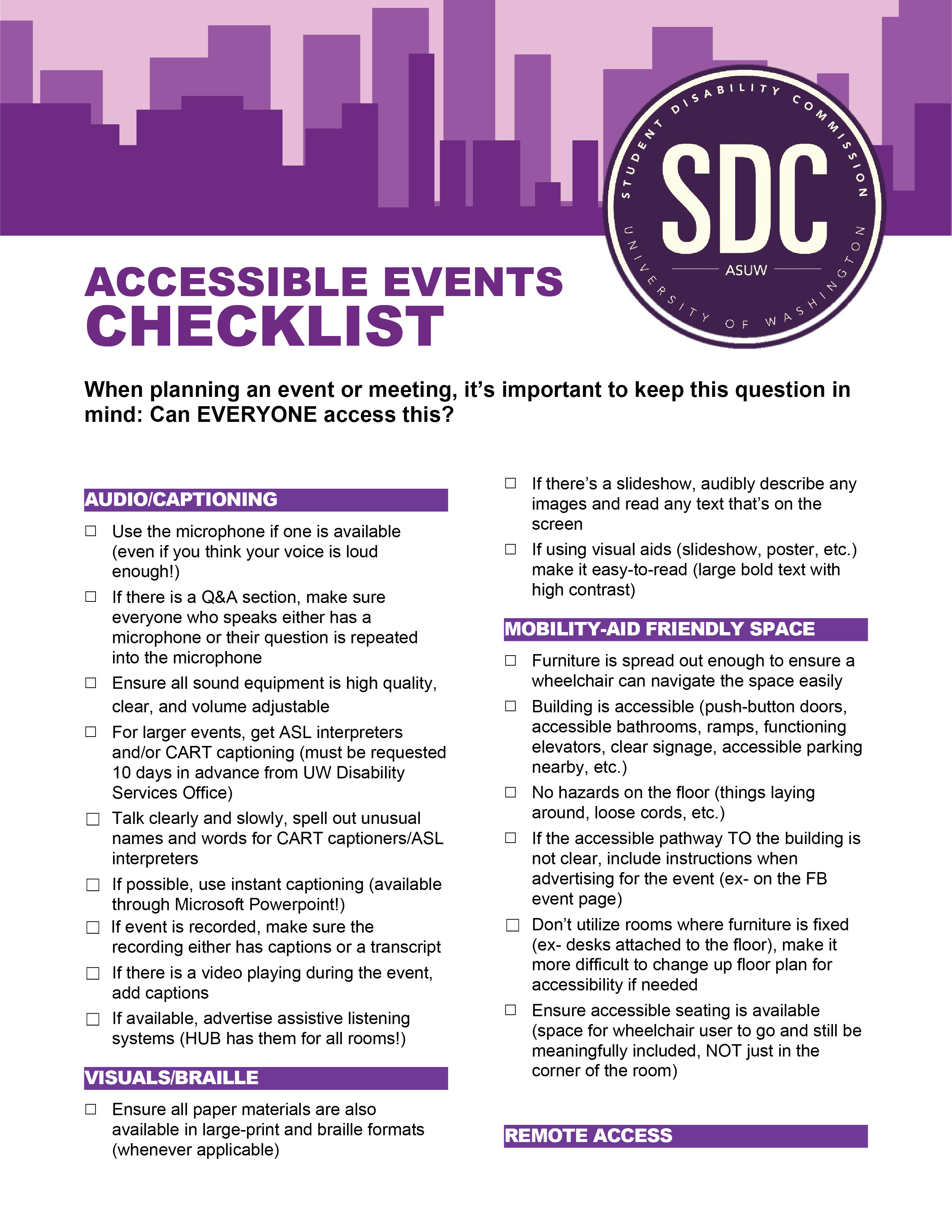 Checklist of actions to make events accessible