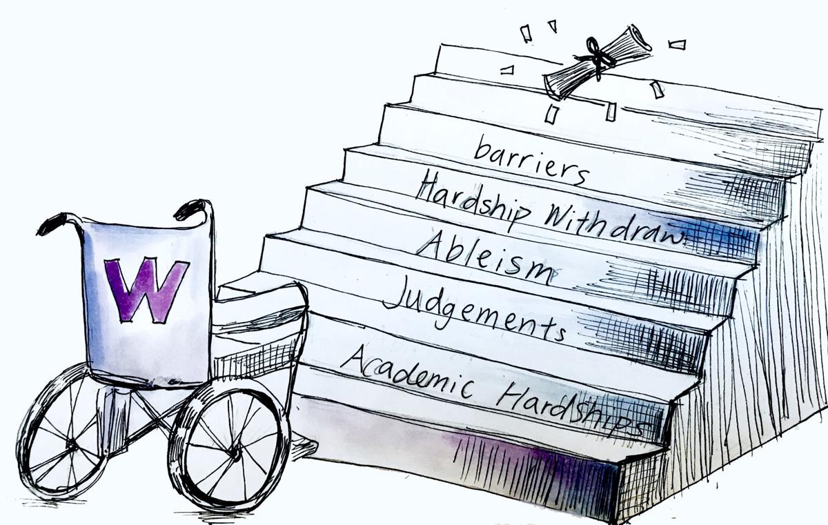 Wheelchair with UW W at the bottom of stairs in which each step reads 'academic hardships' 'judgements' 'ableism' 'hardship withdraw' 'barriers'