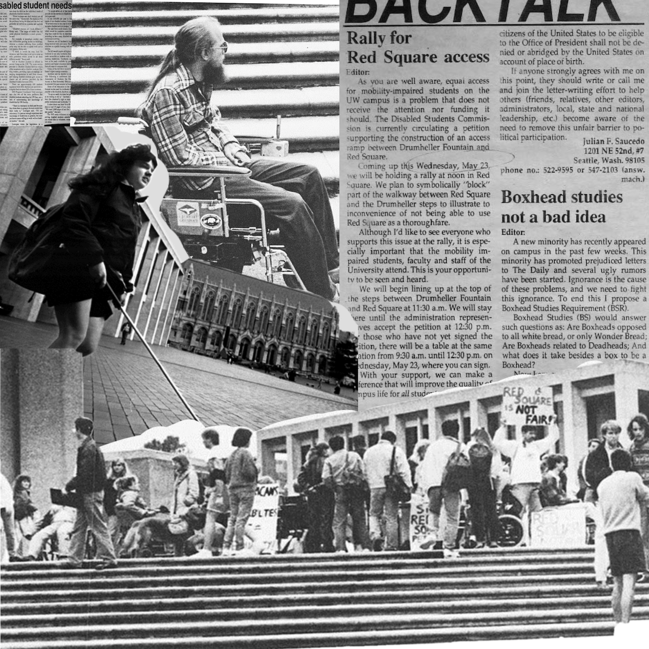 Black and white collage of Red Square protests from the 80's and articles.