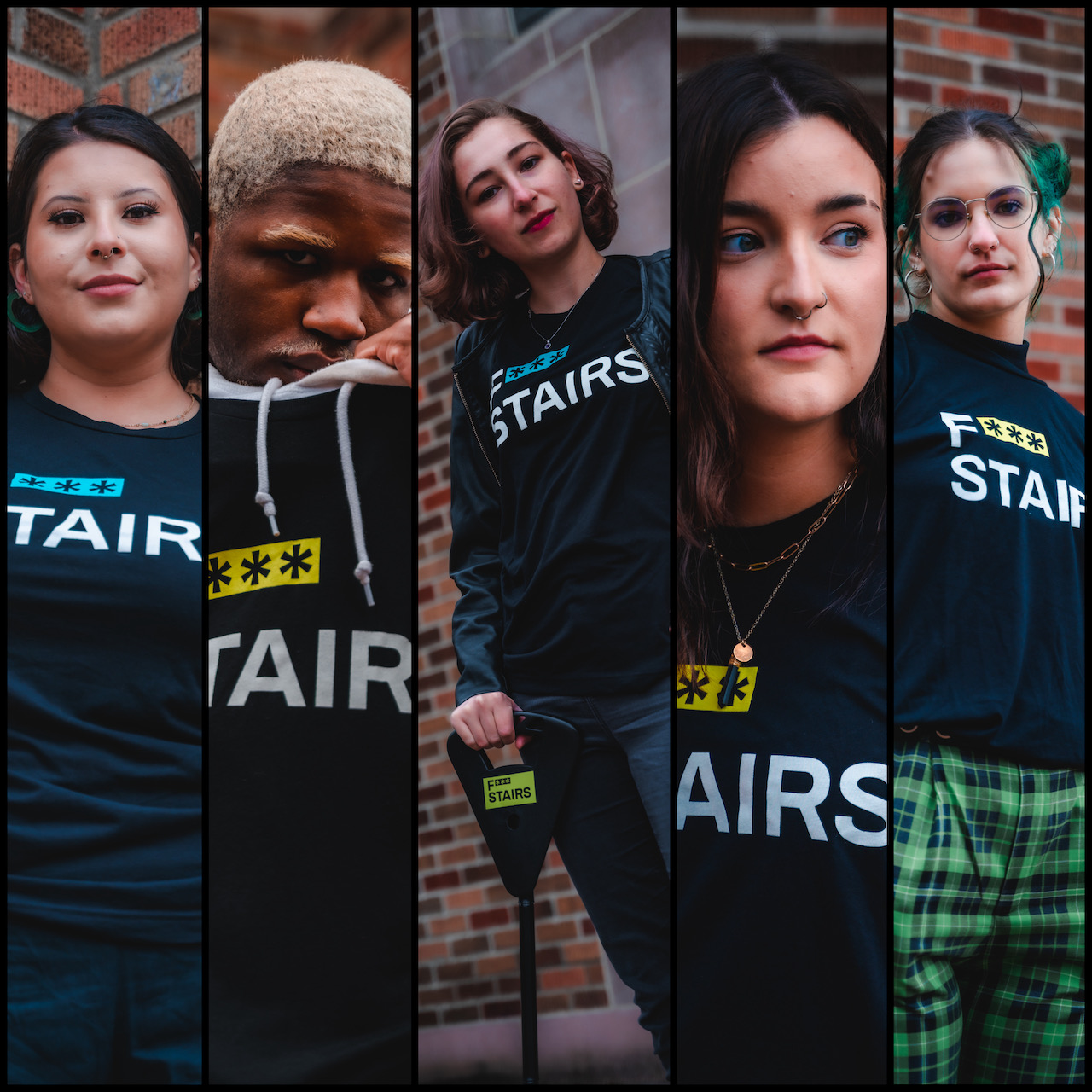 Image of various activist at UW wearing f stairs t shirts