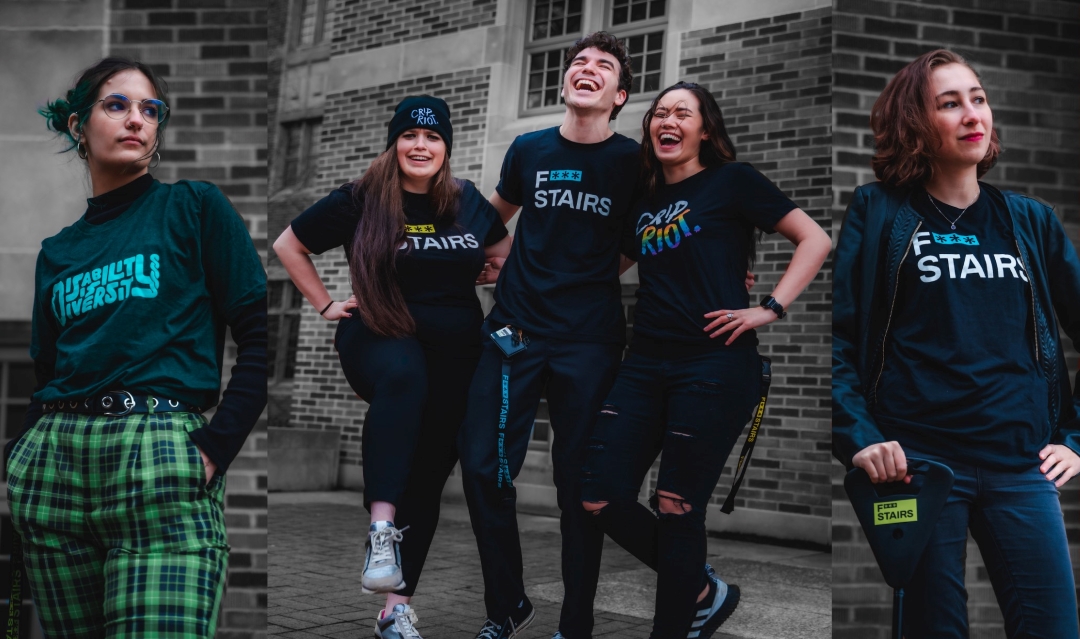 Black and white background with colorful SDC employees wearing F STAIRS, CRIP RIOT, and DISABILITY IS DIVERSITY t-shirts laughing